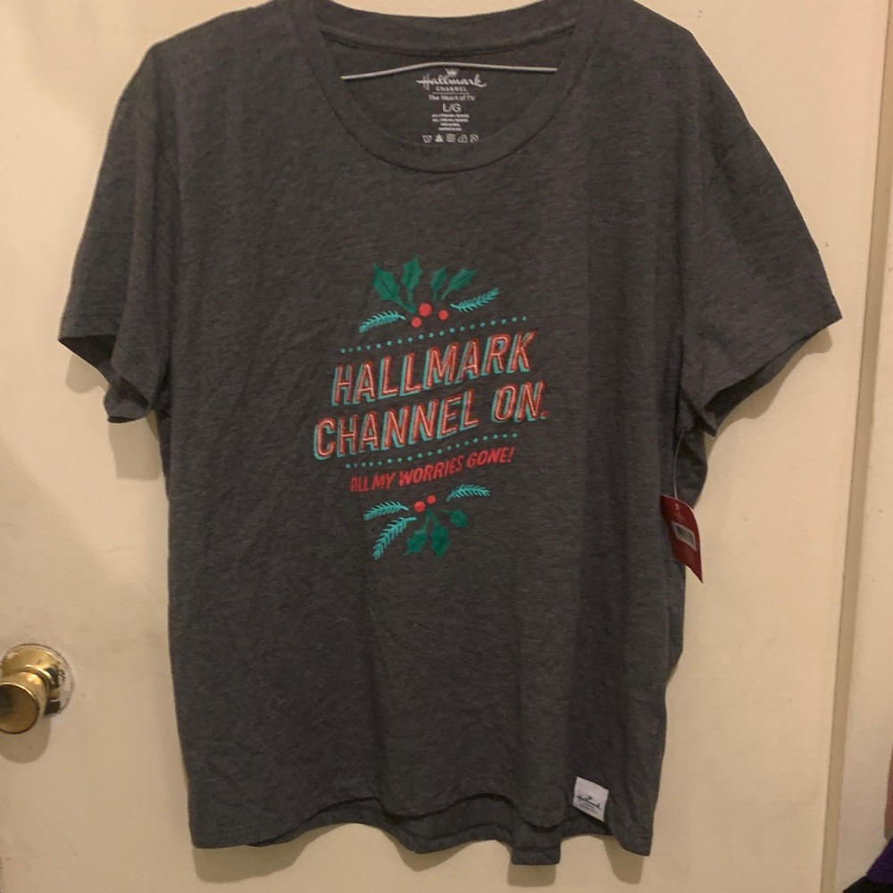 Women’s Hallmark Gray T-Shirt with Festive Design, size Large.